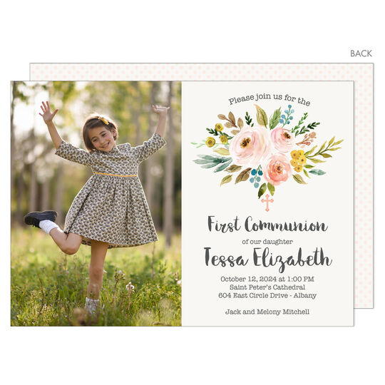 Floral Bunch with Cross Photo Invitations